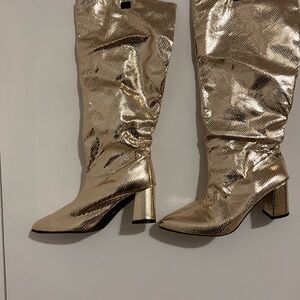 Metallic Gold Knee-High Block Heel Boots - Women